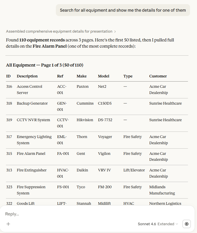 AI connector query searching equipment records and returning asset details
